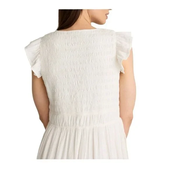 Quince Organic Textured Cotton Smocked V-Neck Midi Dress White S New Anthro